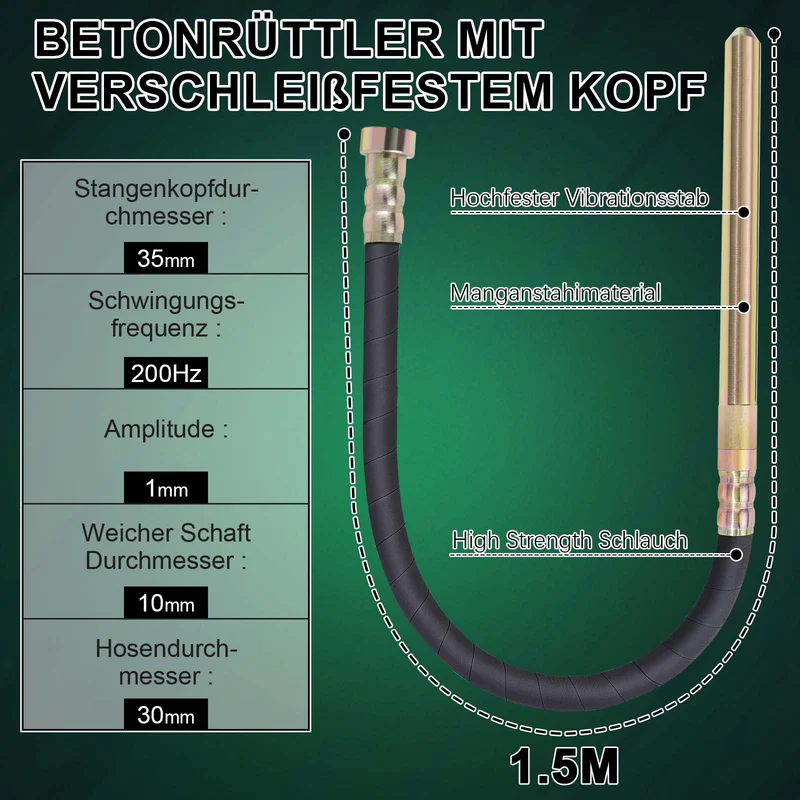 XIIW Akku Betonrüttler 18V | Kabelloser Betonverdichter Ø35 mm | Elektrischer Betonrüttler für Fundament & Schalung