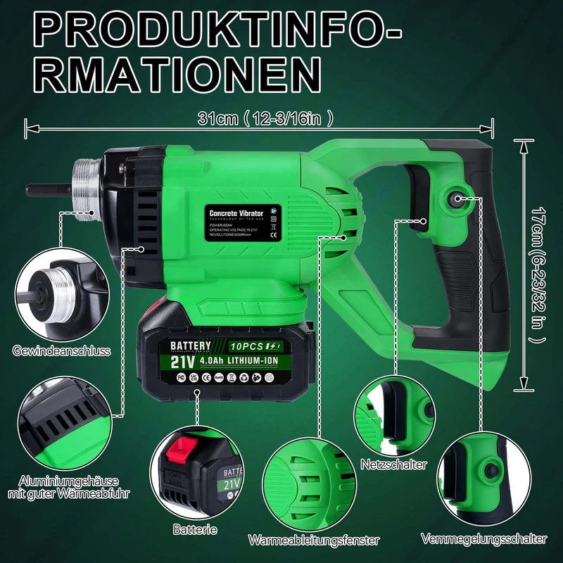XIIW Akku Betonrüttler 18V | Kabelloser Betonverdichter Ø35 mm | Elektrischer Betonrüttler für Fundament & Schalung