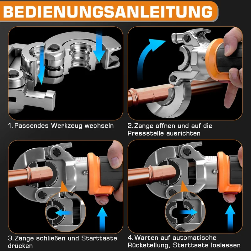 XIIW Elektrohydraulische Presszange 18V mit Automatischer Druckentlastung | Profi Rohrpresszange für TH & V-Kontur | Inkl. 2x 5.0Ah Akku & 9 Backen