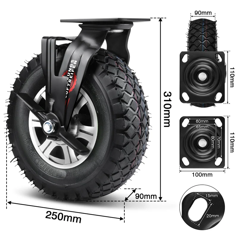 10" Richtungsfeste Schwerlastrolle 250 mm Luftreifen – Aluminium Halterung, 170 kg Tragkraft, für Werkbank & Wagen