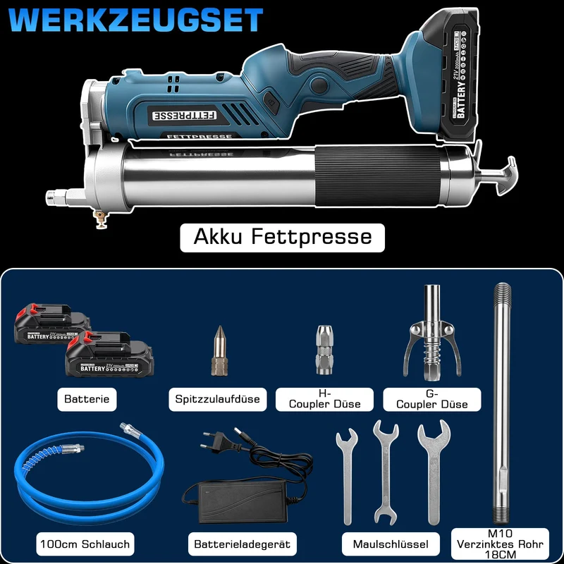 Akku-Fettpresse 18-21V Hochdruck 12000 PSI mit LED, 2-in-1 Handgriff und vielseitigen Düsen für Maschinenwartung