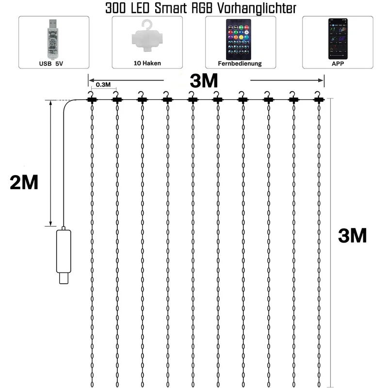 Intelligente Vorhanglichter – 300 LEDs, 3×3 m, 16 Millionen Farben, App Fernbedienung