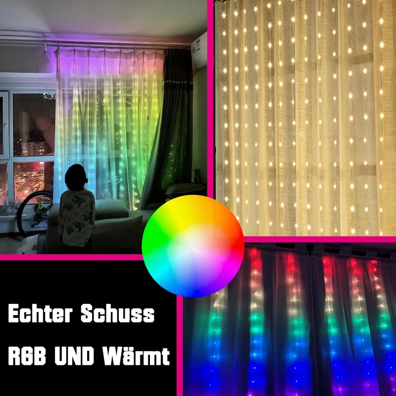 Intelligente Vorhanglichter – 300 LEDs, 3×3 m, 16 Millionen Farben, App Fernbedienung