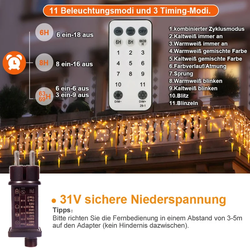 Eiszapfen Lichterkette – IP44 Wasserdicht, 11 Modi, Dimmbar, Timer & Speicherfunktion