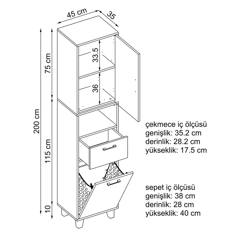 RIM - KİRLİ SEPETLİ ÇOK AMAÇLI DOLAP - 200 CM