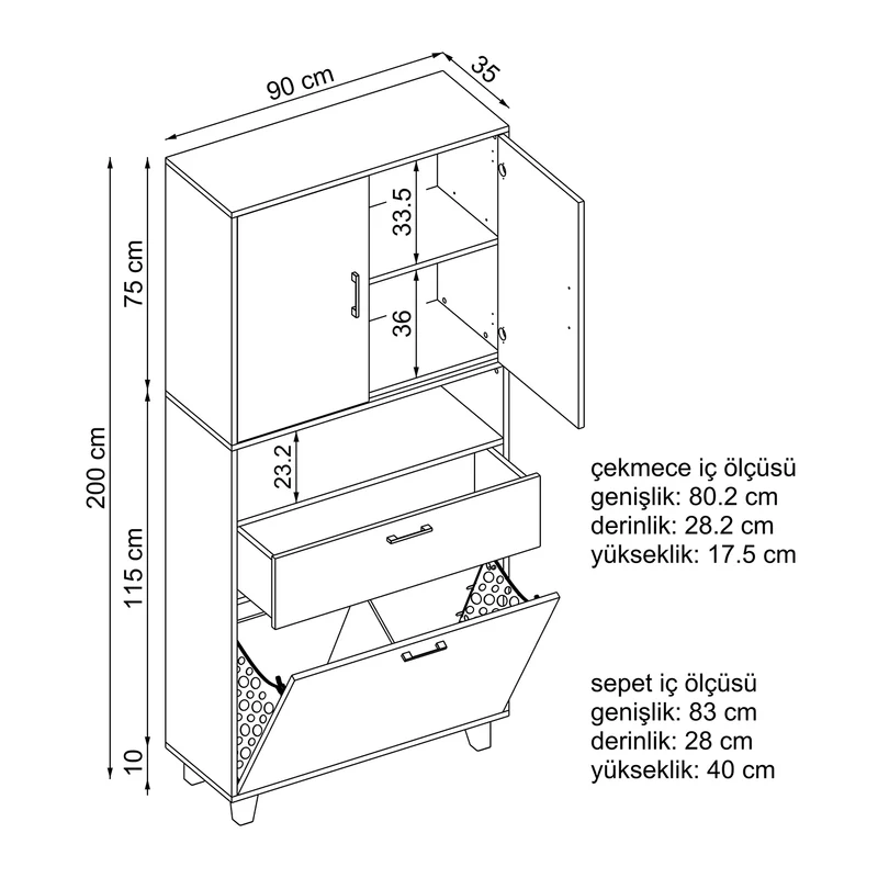 RIM - KİRLİ SEPETLİ ÇOK AMAÇLI DOLAP - 200 CM
