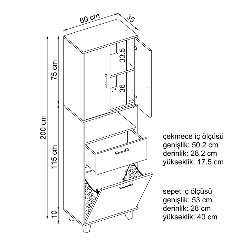 RIM - KİRLİ SEPETLİ ÇOK AMAÇLI DOLAP - 200 CM