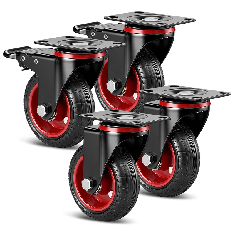 Industrie-Lenkrollen Set 100 mm – Vollgummi, 600 kg Tragfähigkeit, 2 mit Bremse, 360° drehbar