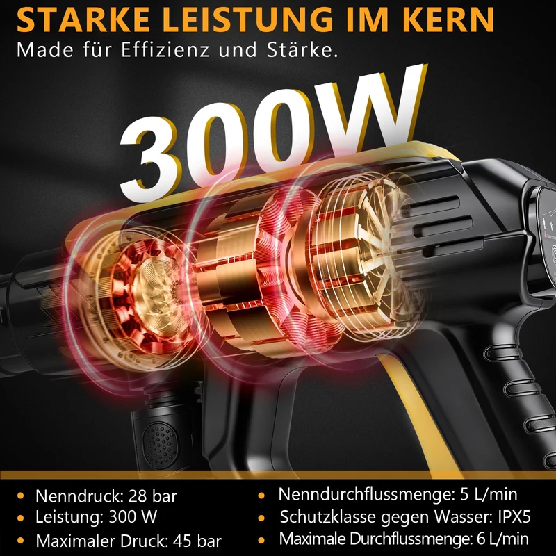 XIIW Akku-Hochdruckreiniger 45 Bar 300W, 2×21V 4,0Ah Akkus, 6-in-1 Düse, 5m Schlauch, mobiler Druckreiniger