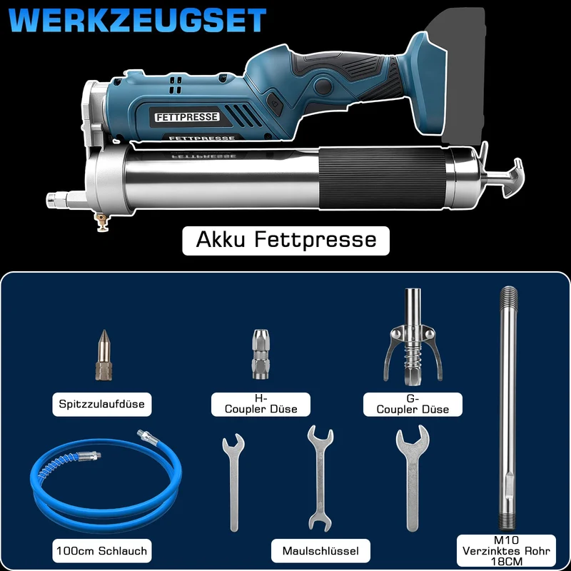 Akku Fettpresse 12000 PSI Hochdruck, 2-in-1 Griff, LED, 600g Kapazität, kabellos