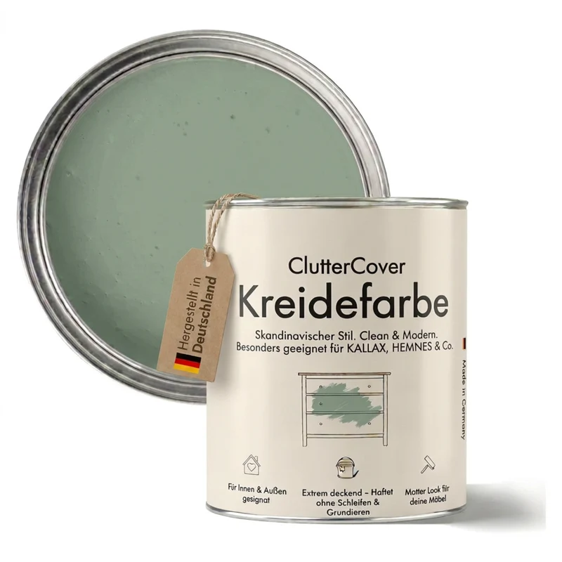 Möbelfarbe ohne Schleifen, Salbei 750ml Kreidefarbe ideal für IKEA Möbel, Kreidelack für ca. 6m²