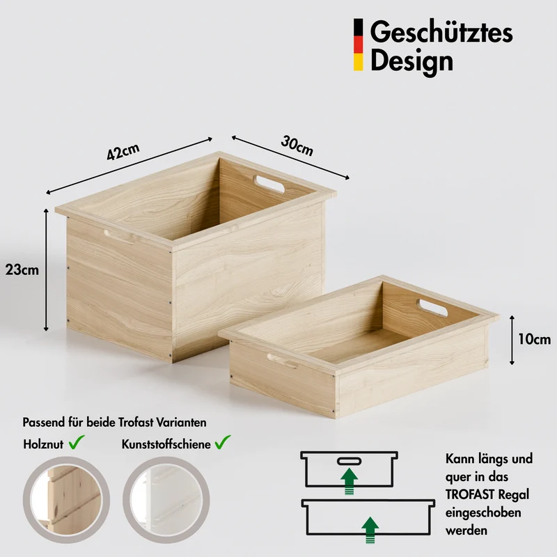 Holzkiste "TROVÄ" 42 x 30cm, Box aus Holz für IKEA Trofast Regal, verschiedene Höhen