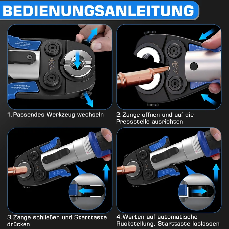 Elektrische Presszange elektrohydraulisch mit automatischer Druckentlastung & Akku – TH & V Pressbacken für Kupfer-, Edelstahl- & Verbundrohre