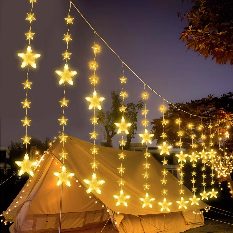 Sterne Lichterkette 2 m, 144 LEDs, Warmweiß, 8 Modi, Timer, IP44, für Innen & Außen
