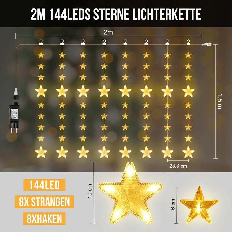 Sterne Lichterkette 2 m, 144 LEDs, Warmweiß, 8 Modi, Timer, IP44, für Innen & Außen