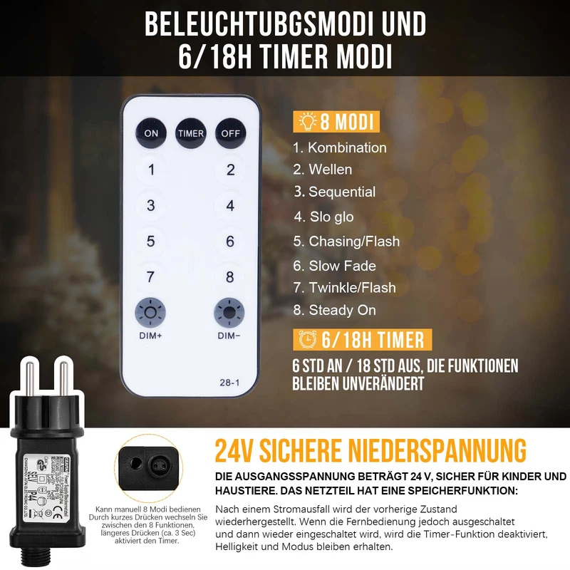 Sterne Lichterkette 2 m, 144 LEDs, Warmweiß, 8 Modi, Timer, IP44, für Innen & Außen