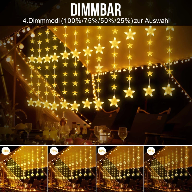Sterne Lichterkette 2 m, 144 LEDs, Warmweiß, 8 Modi, Timer, IP44, für Innen & Außen