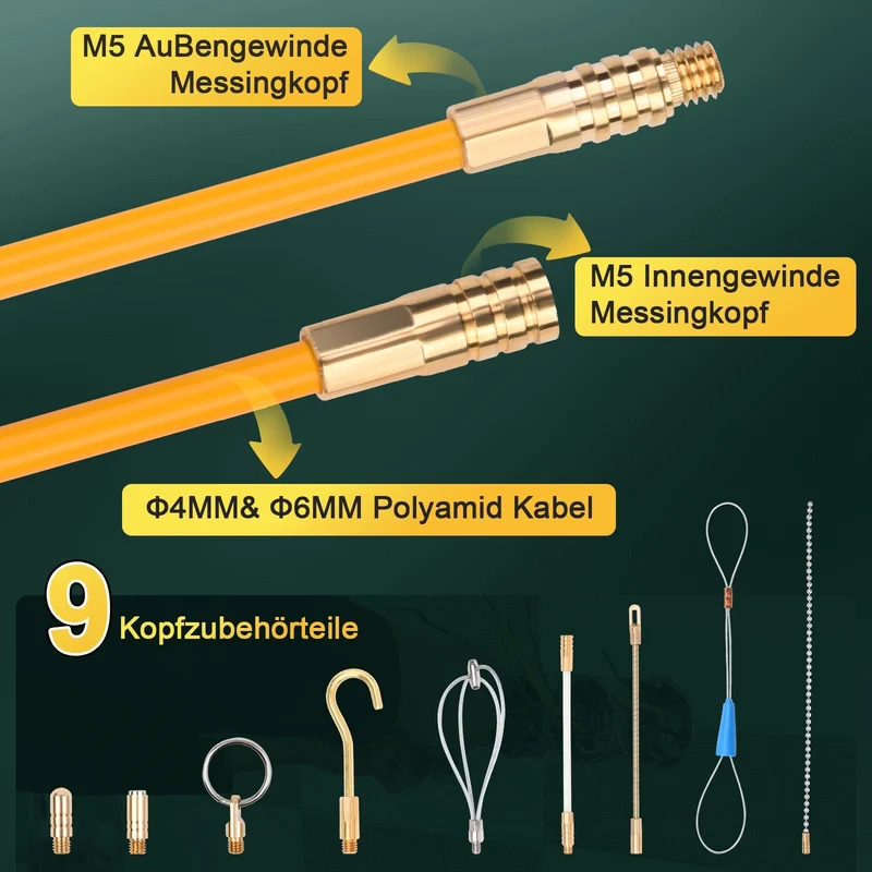 Kabeleinzugshilfe 12 m mit Zubehör | Glasfaser für Kabel 1–4 mm²