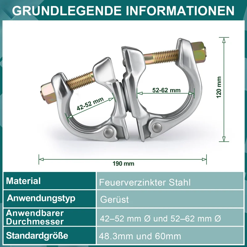 Drehkupplung Gerüst 2er Set – 360° Rohrkupplung 42-62mm, Verzinkt & Robust