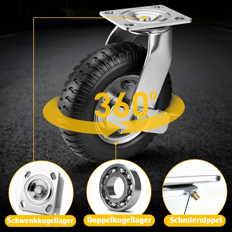 4er Set Pneumatische Rollen 250mm – 2 Bremsrollen + 2 Lenkrollen, Schwerlast & Geländegängig