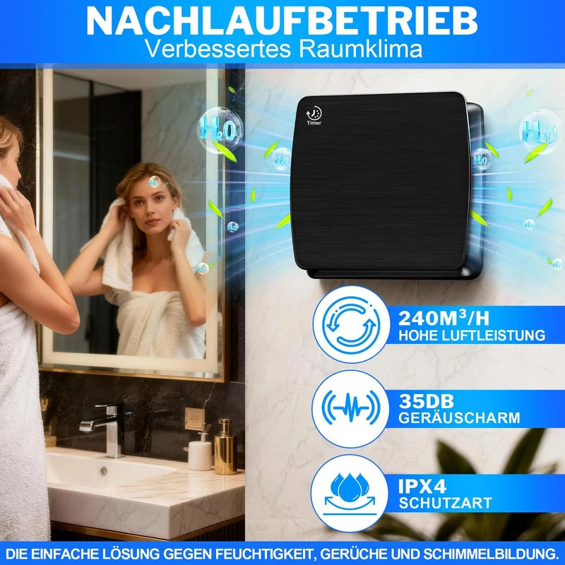 Leiser Abluftventilator mit 240 m³/h Luftdurchsatz und Nachlauffunktion – Für Wohn- und Feuchträume