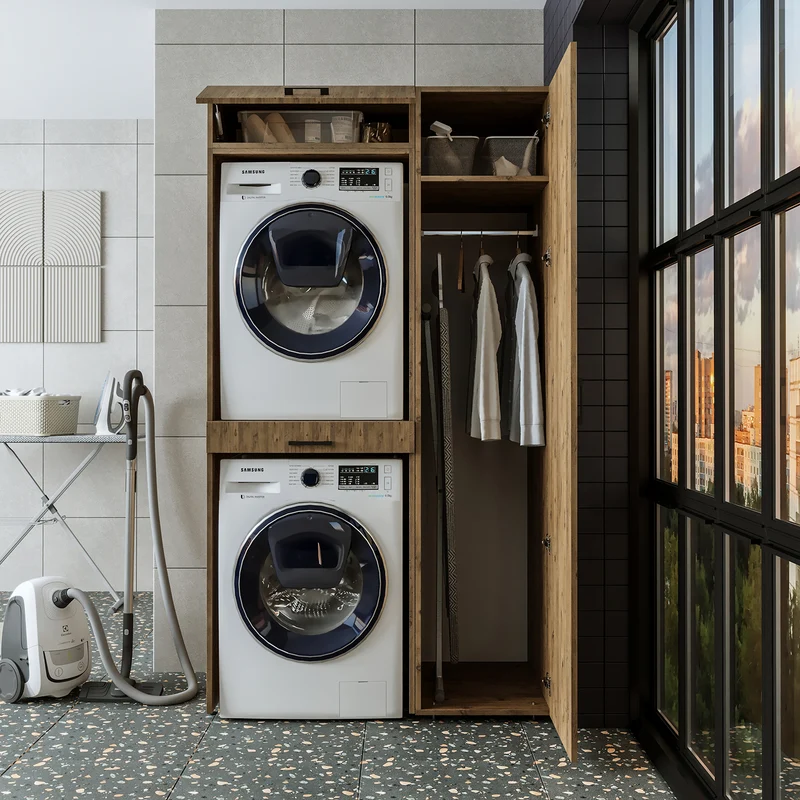 Roomart wasmachinekast DUO-I, 112 cm, met hoge kast en uittrekplank, in 3 kleuren