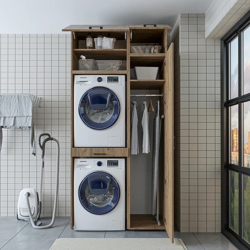 Roomart wasmachinekast DUO-I, 112 cm, met hoge kast en uittrekplank, in 3 kleuren