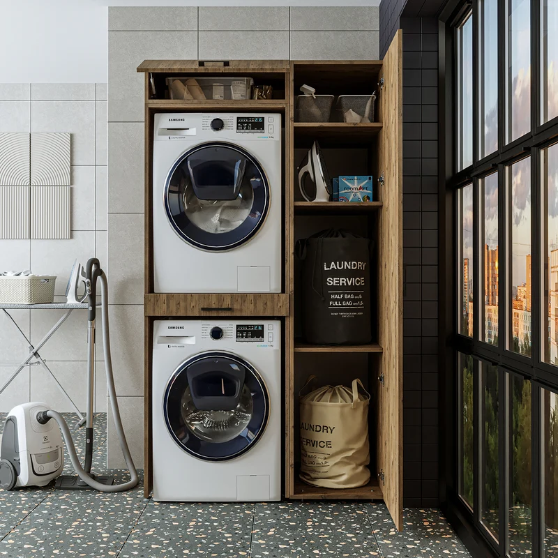 Roomart wasmachinekast DUO-I, 112 cm, met hoge kast en uittrekplank, in 3 kleuren