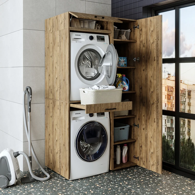 Roomart wasmachinekast DUO-I, 112 cm, met hoge kast en uittrekplank, in 3 kleuren
