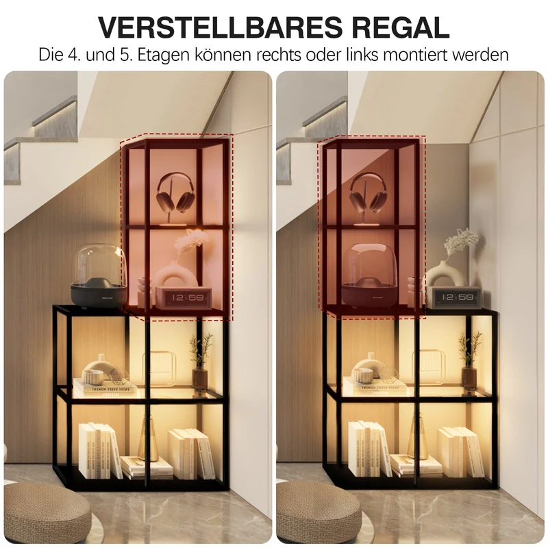 Massivholz Regal mit LED Beleuchtung – Zwei gehärtete Glasablagen, dimmbar, platzsparend, modern für Wohnzimmer oder Büro