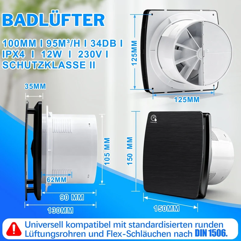 Abluftventilator 150mm mit Feuchtesensor & Nachlauffunktion, 95 m³/h leiser Badlüfter IPX4 gegen Feuchtigkeit & Schimmel