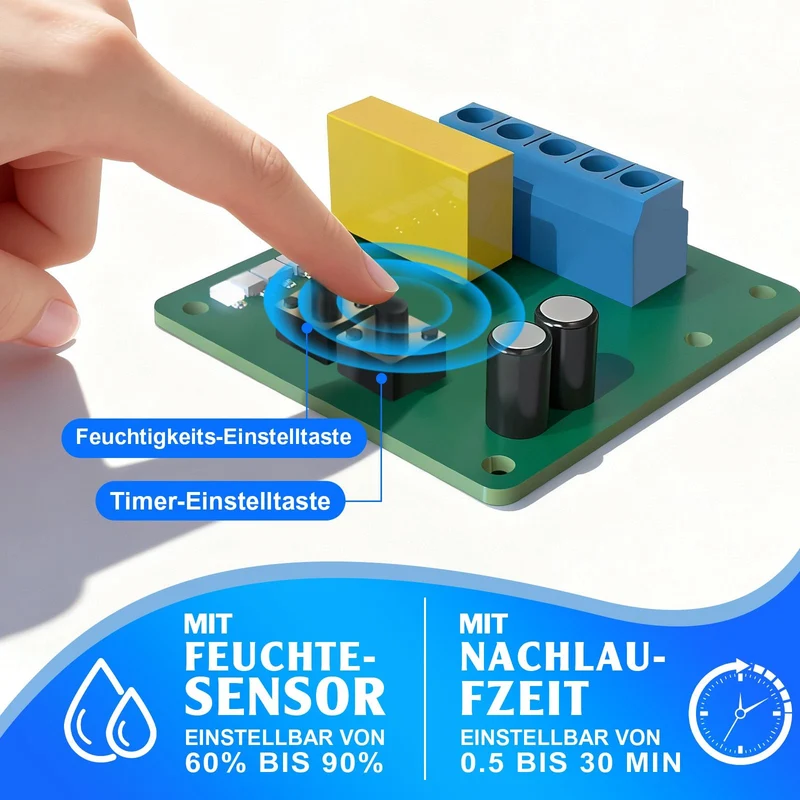 Abluftventilator 150mm mit Feuchtesensor & Nachlauffunktion, 95 m³/h leiser Badlüfter IPX4 gegen Feuchtigkeit & Schimmel