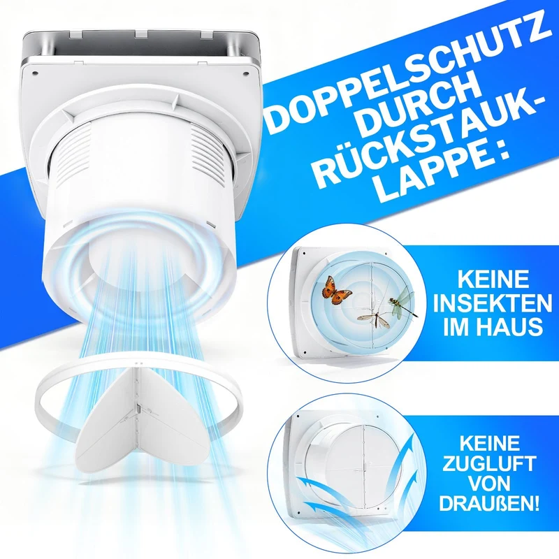Automatischer Luftentfeuchter mit integriertem Hygrostat und Nachlaufmodus – Geräuscharmer Bad- & Küchenlüfter, spritzwassergeschützt nach IPX4