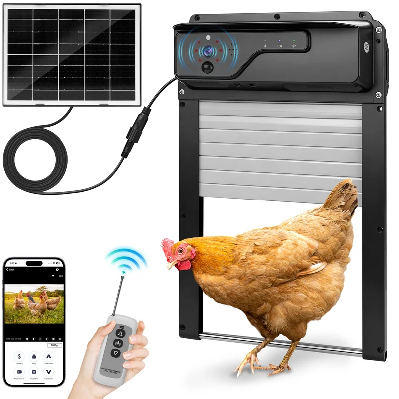 XIIW Automatische Hühnerstalltür Solar mit 1080P Kamera, App-Steuerung, WLAN, Fernbedienung, 5000mAh Akku und Hinderniserkennung
