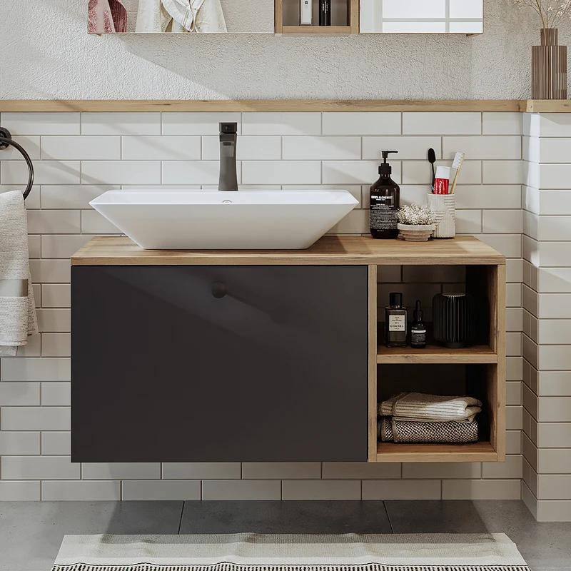 Roomart Badmöbel LOTUS, 95 cm, mit Aufsatzwaschbecken und offenem Regal, in 3 Farben