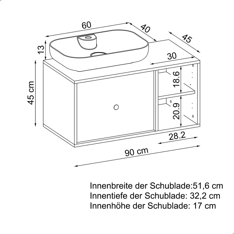 Roomart Badmöbel GUSTO, 90 cm, mit ovalem Aufsatzbecken und Schublade, in 2 Farben