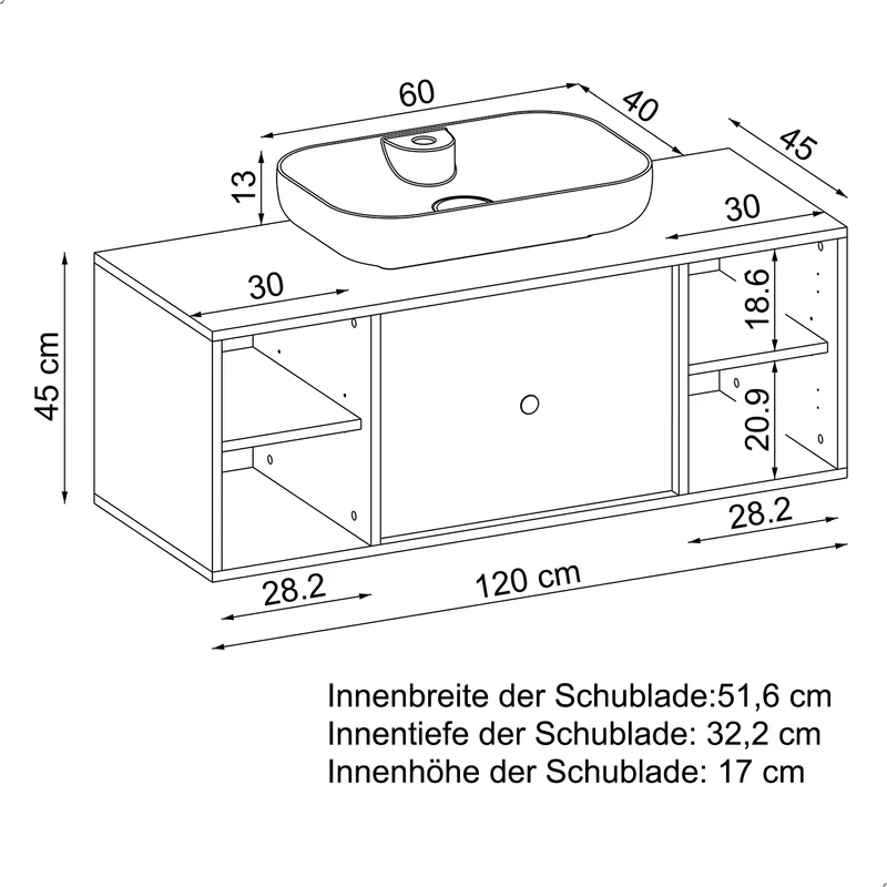 Roomart badmeubel GUSTO, 120 cm, met opzetwastafel, lade en 2 deuren, in 2 kleuren