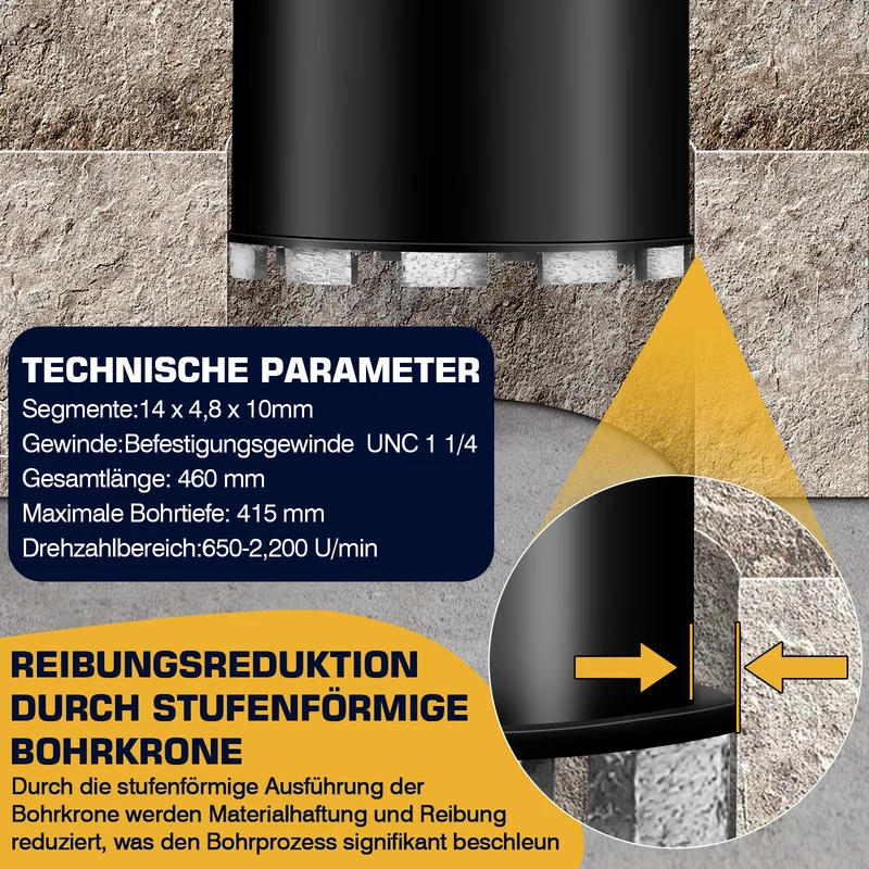 Kernbohrer Stahlbeton Diamant – Nassbohren, Stufenkrone, Ø25 mm+ Stahl, 460 mm