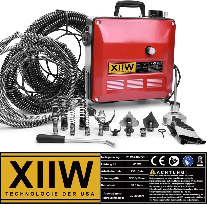 Rohrreinigungsmaschine 850W Set, Ø20-200mm Rohrleitungen, Spiralen 28/14,5/5m, 12 Köpfe
