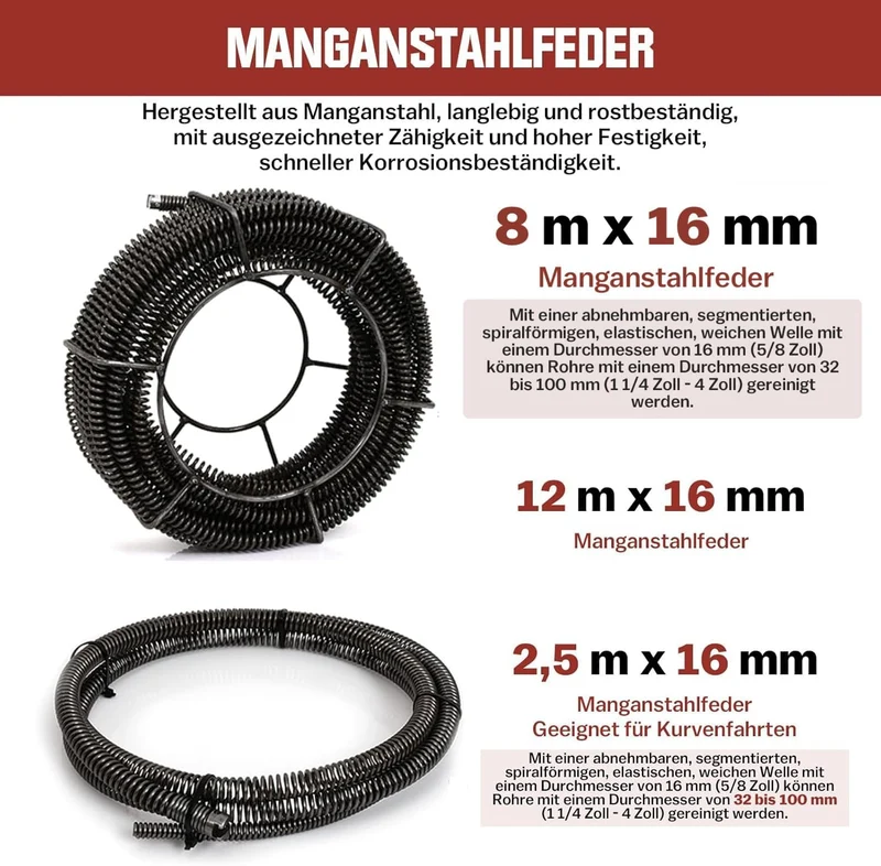 Rohrreiniger 390W mit 16mm 22,5M Spirale, Ø20-100mm Rohrreinigungsmaschine