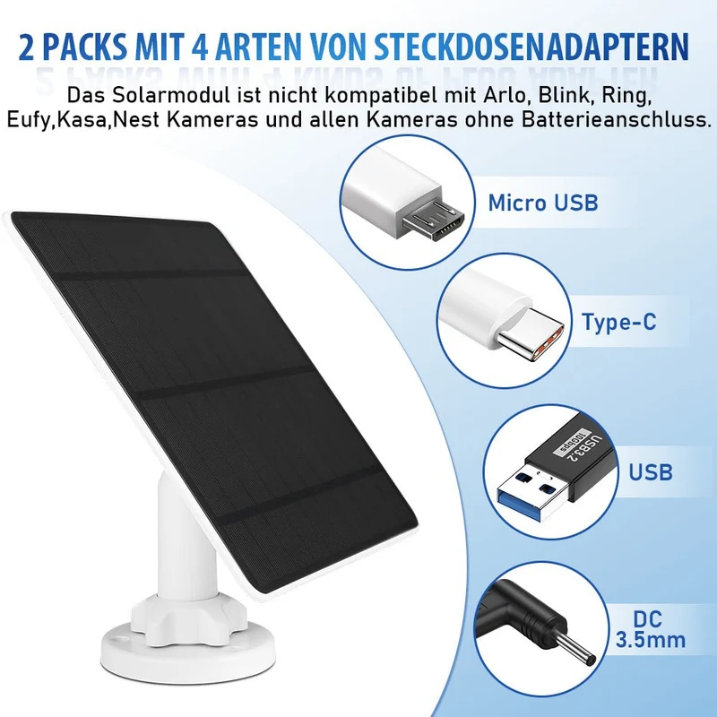 5W Solarmodul für Akku-Überwachungskameras – Outdoor Solarpanel IP65 mit USB/USB-C/DC 3,5 mm für 5V WLAN Kamera