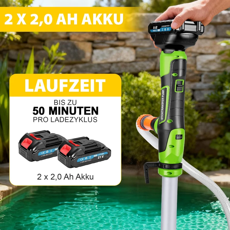 Kabellose Akku Regenfasspumpe – Wassertransferpumpe 50 L/min, 10m Förderhöhe, tragbare 18V Pumpe