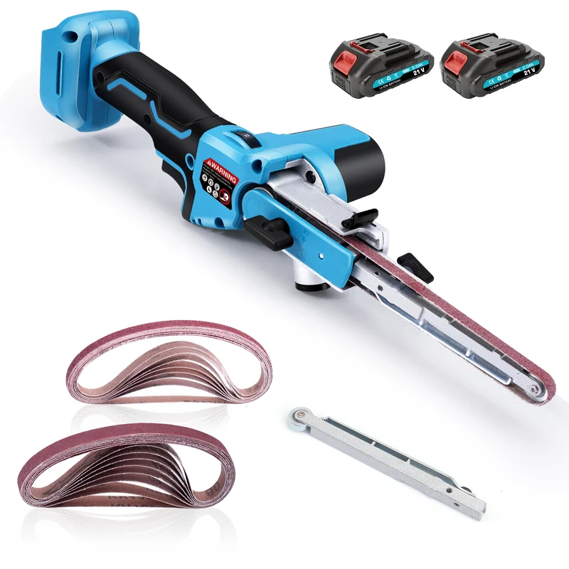 XIIW Akku Bandfeile Bürstenlos, Mini Bandschleifer 9/13×457 mm, 6 Stufen 260–630 m/min, 100° verstellbar, 2×2Ah Akkus