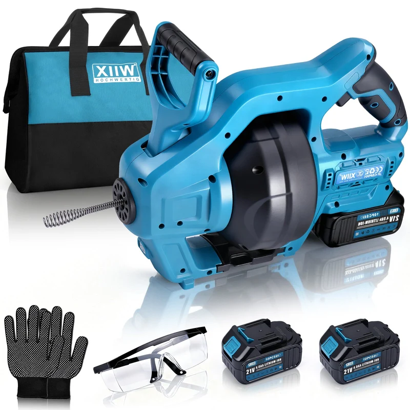 XIIW 20V Akku Rohrreinigungsgerät Set | 7,6m Spirale | inkl. 2 Akkus & Ladegerät für Ø19-85mm Rohre