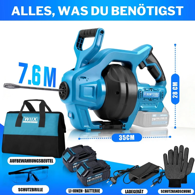 XIIW 20V Akku Rohrreinigungsgerät Set | 7,6m Spirale | inkl. 2 Akkus & Ladegerät für Ø19-85mm Rohre