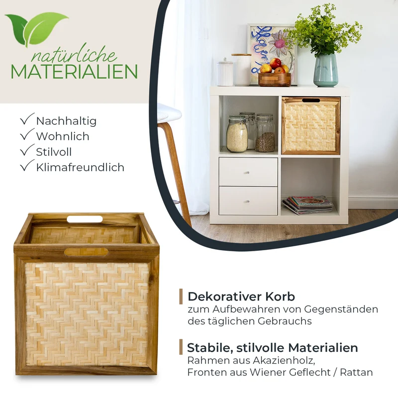 Kallax Rattan Korb mit Wiener Geflecht und Holzrahmen, 32 x 34 x 32cm