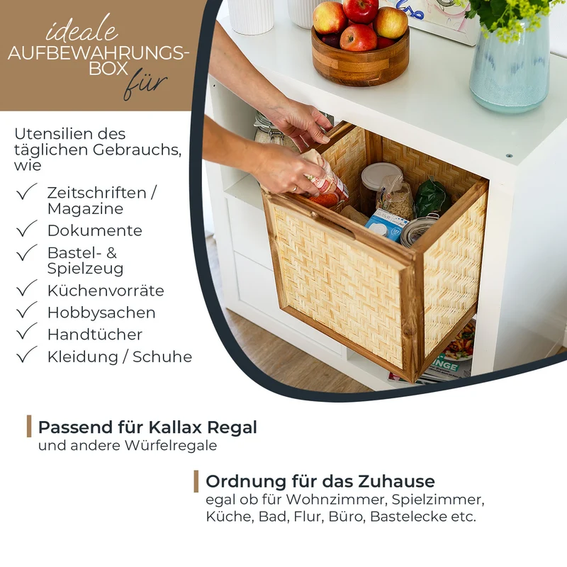Kallax Rattan Korb mit Wiener Geflecht und Holzrahmen, 32 x 34 x 32cm