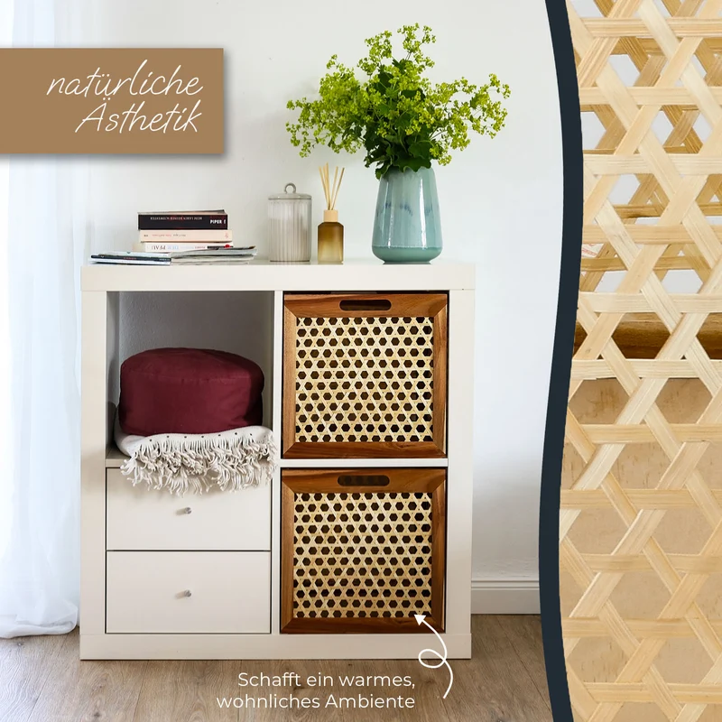 Kallax Rattan Korb mit Wiener Geflecht und Holzrahmen, 32 x 34 x 32cm