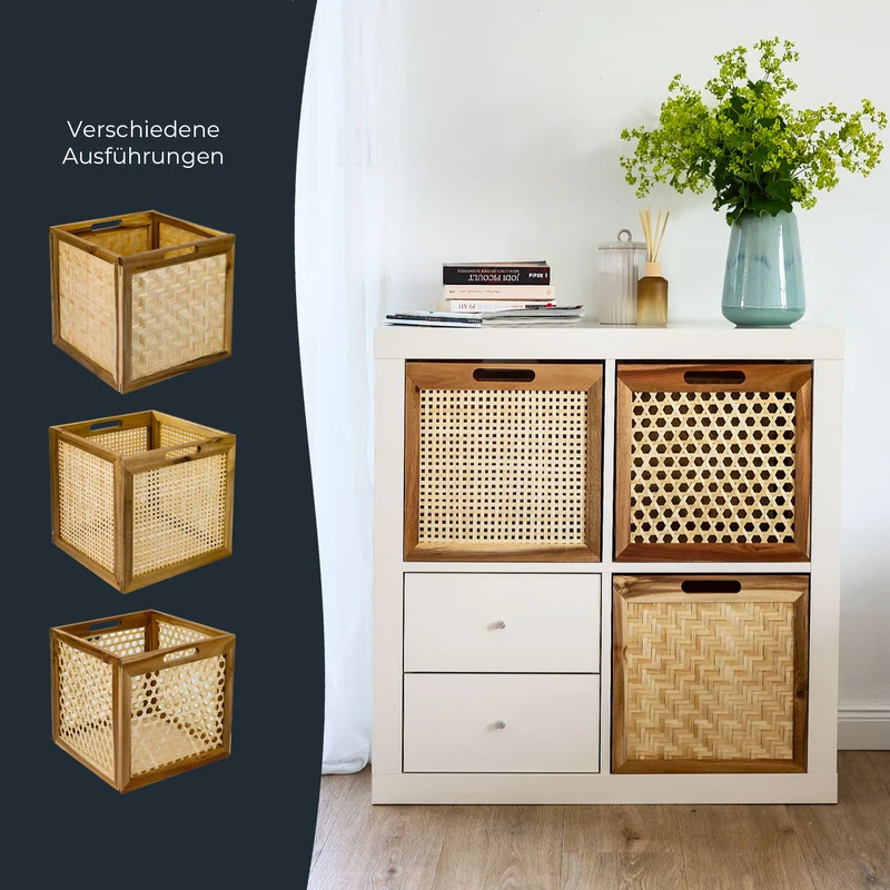 Kallax Rattan Korb mit Wiener Geflecht und Holzrahmen, 32 x 34 x 32cm