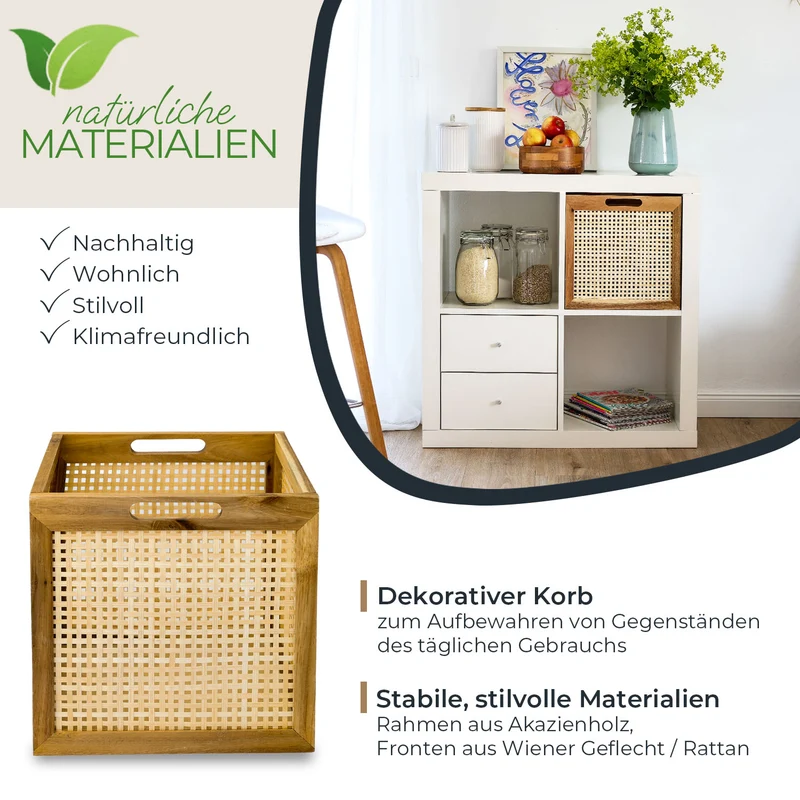 Kallax Rattan Korb mit Wiener Geflecht und Holzrahmen, 32 x 34 x 32cm